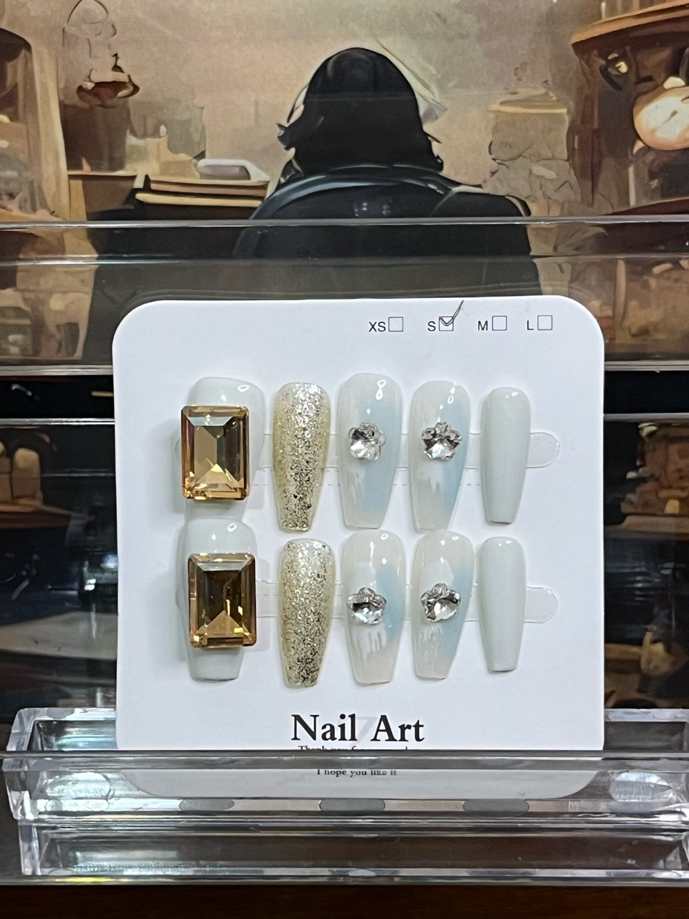 Elegant White & Gold Rhinestone Press-On Nail Set coffins